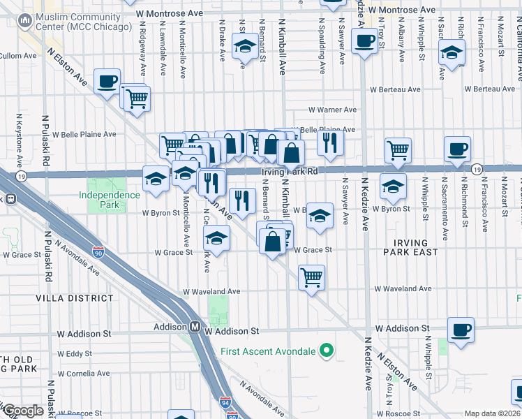 map of restaurants, bars, coffee shops, grocery stores, and more near 3859 North Bernard Street in Chicago