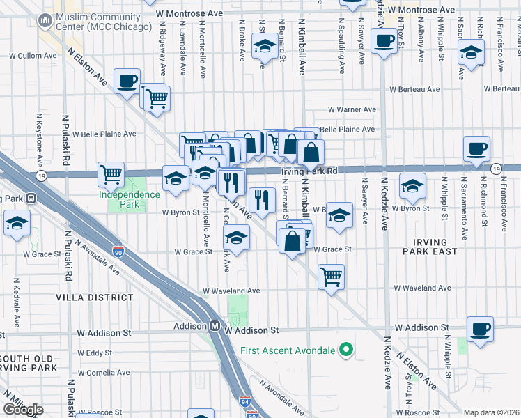 map of restaurants, bars, coffee shops, grocery stores, and more near 3860 North Saint Louis Avenue in Chicago