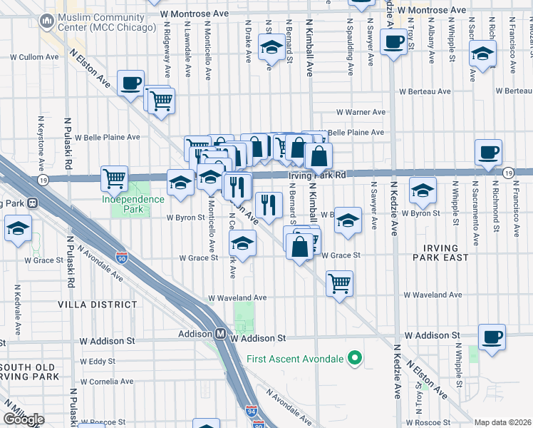 map of restaurants, bars, coffee shops, grocery stores, and more near 3860 North Saint Louis Avenue in Chicago