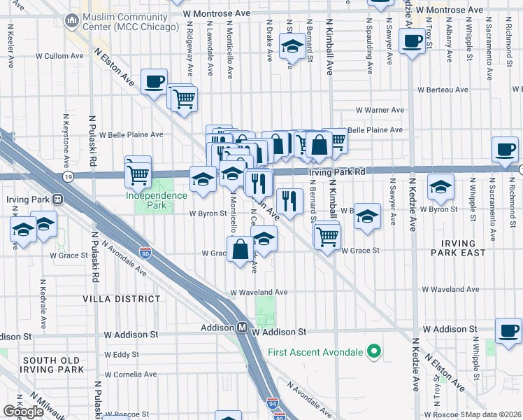 map of restaurants, bars, coffee shops, grocery stores, and more near 3910 North Elston Avenue in Chicago