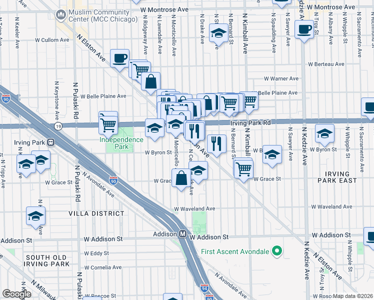 map of restaurants, bars, coffee shops, grocery stores, and more near 3903 North Monticello Avenue in Chicago