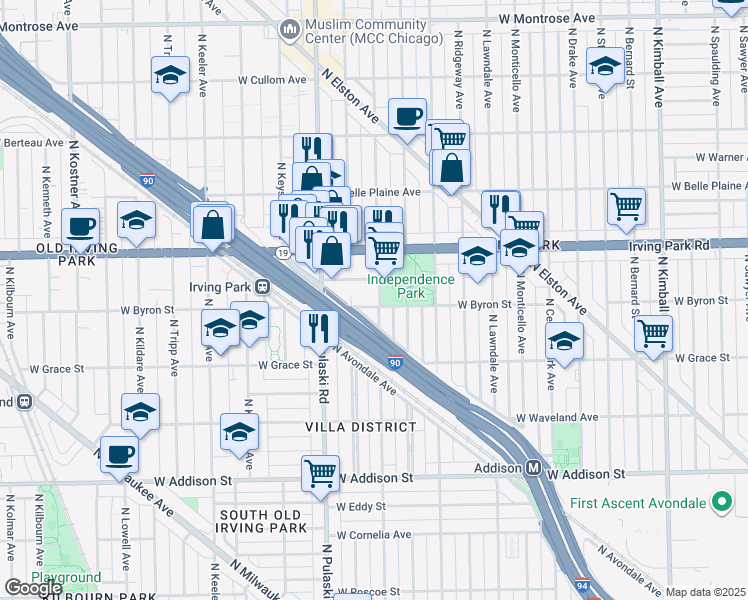 map of restaurants, bars, coffee shops, grocery stores, and more near 3926 West Byron Street in Chicago