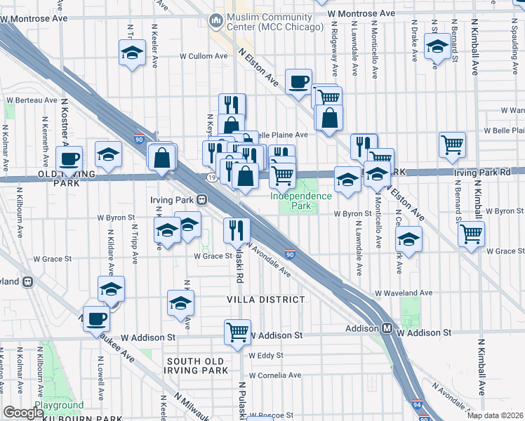 map of restaurants, bars, coffee shops, grocery stores, and more near 3926 West Byron Street in Chicago