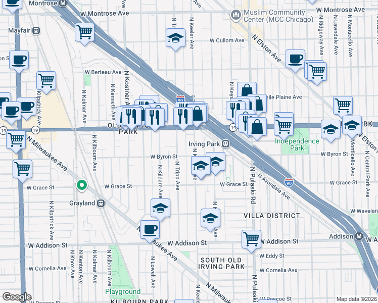 map of restaurants, bars, coffee shops, grocery stores, and more near 3907 North Tripp Avenue in Chicago