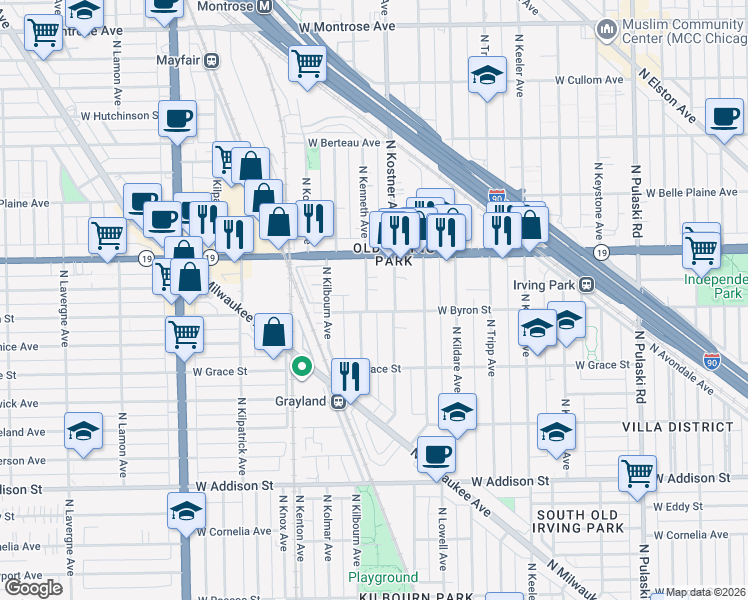 map of restaurants, bars, coffee shops, grocery stores, and more near 3906 North Kenneth Avenue in Chicago