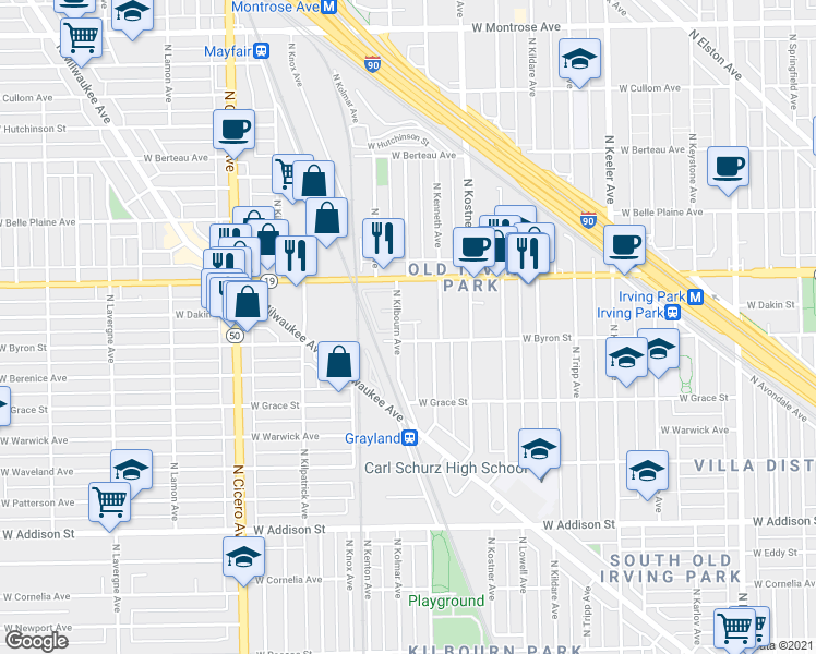 map of restaurants, bars, coffee shops, grocery stores, and more near 4500 West Byron Street in Chicago