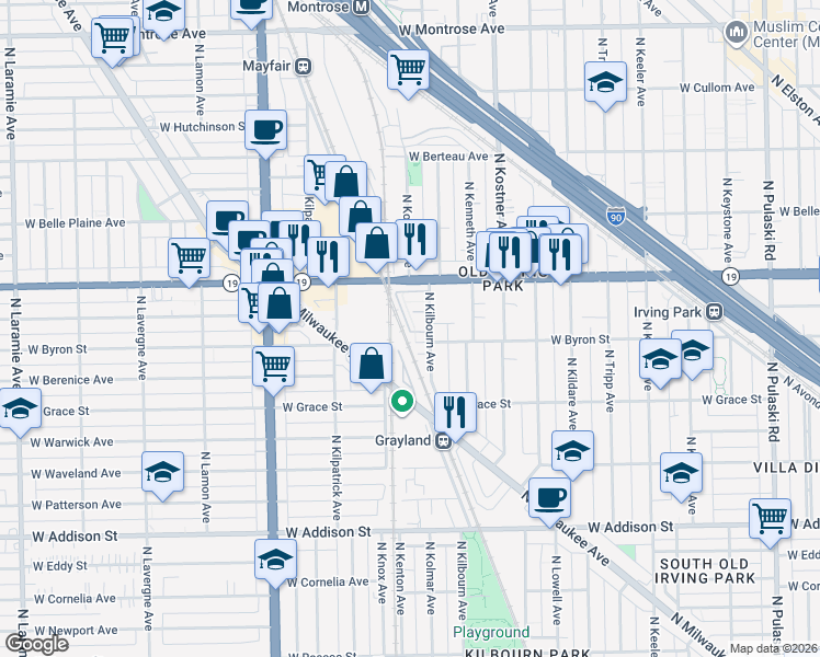 map of restaurants, bars, coffee shops, grocery stores, and more near 4500 West Byron Street in Chicago