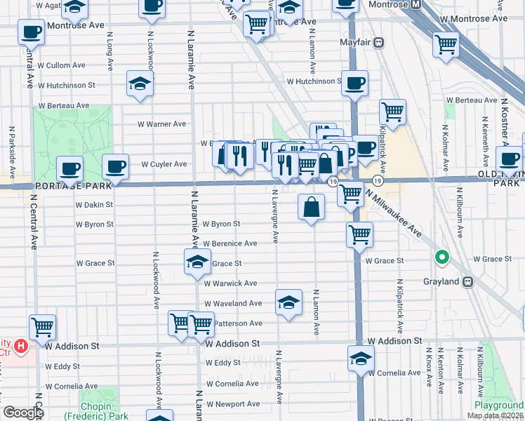 map of restaurants, bars, coffee shops, grocery stores, and more near 5017 West Dakin Street in Chicago