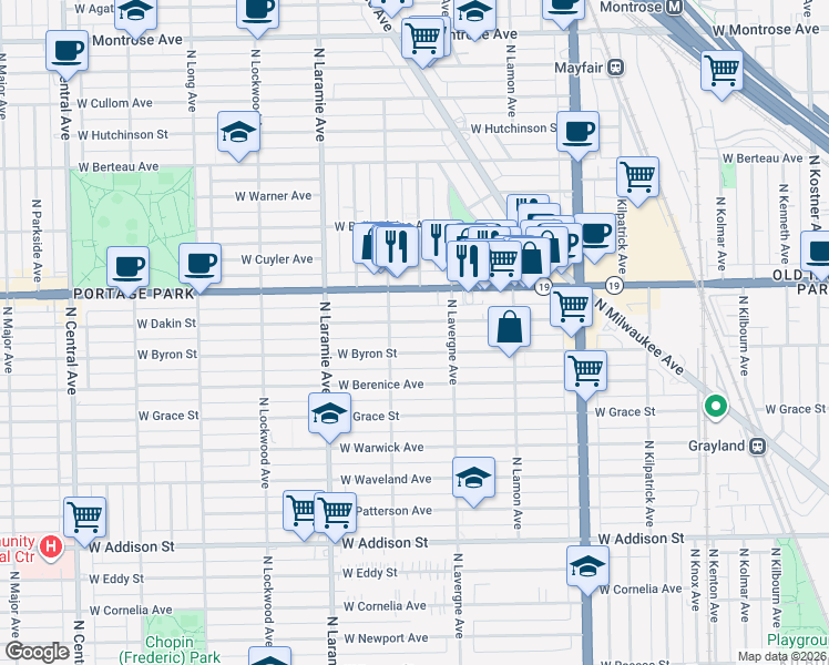 map of restaurants, bars, coffee shops, grocery stores, and more near 5017 West Dakin Street in Chicago