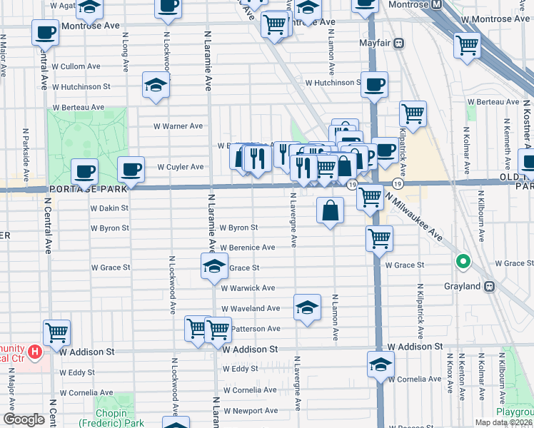 map of restaurants, bars, coffee shops, grocery stores, and more near 5057 West Dakin Street in Chicago