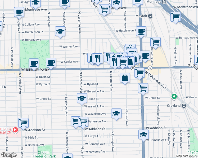 map of restaurants, bars, coffee shops, grocery stores, and more near 5057 West Dakin Street in Chicago