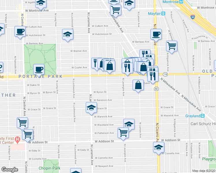 map of restaurants, bars, coffee shops, grocery stores, and more near 5057 West Dakin Street in Chicago