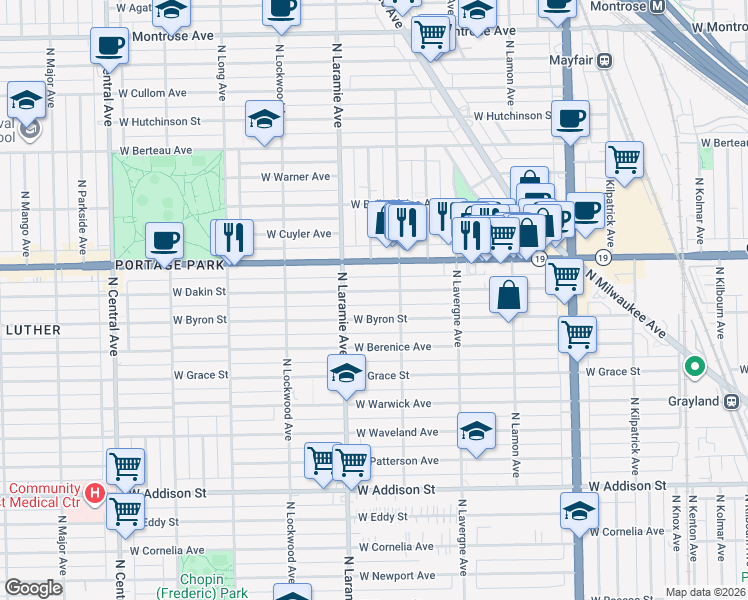 map of restaurants, bars, coffee shops, grocery stores, and more near 5133 West Dakin Street in Chicago