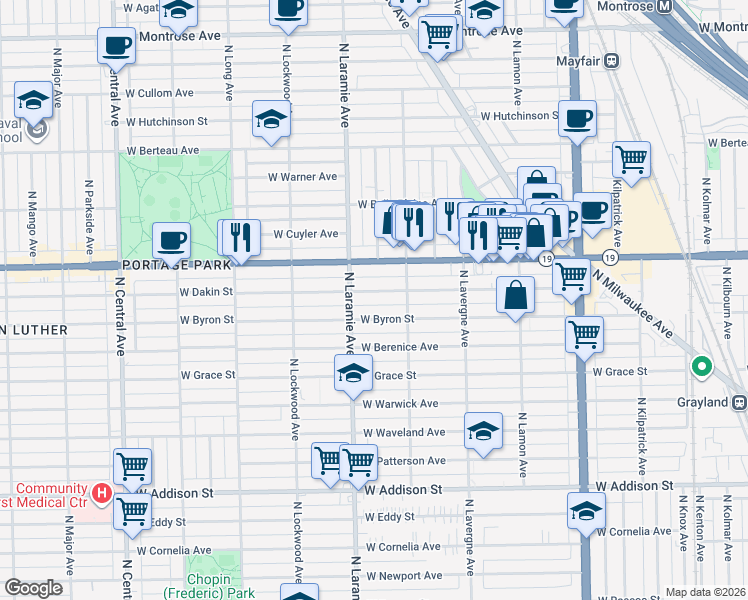 map of restaurants, bars, coffee shops, grocery stores, and more near 5133 West Dakin Street in Chicago