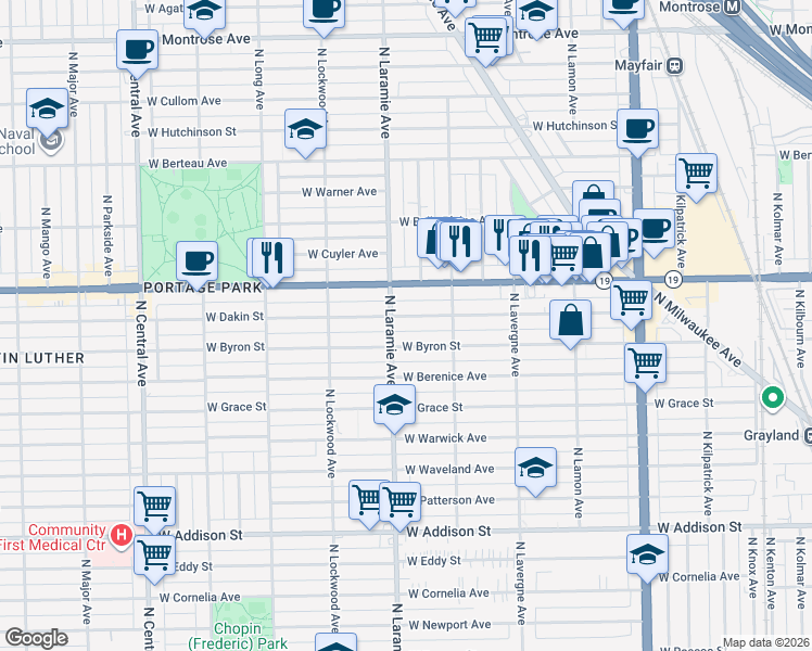 map of restaurants, bars, coffee shops, grocery stores, and more near 5133 West Dakin Street in Chicago