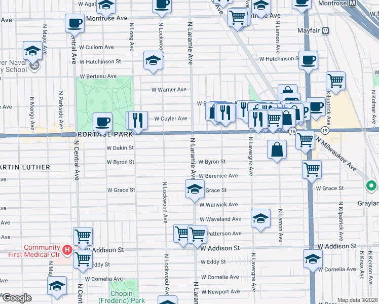map of restaurants, bars, coffee shops, grocery stores, and more near 5207 West Dakin Street in Chicago