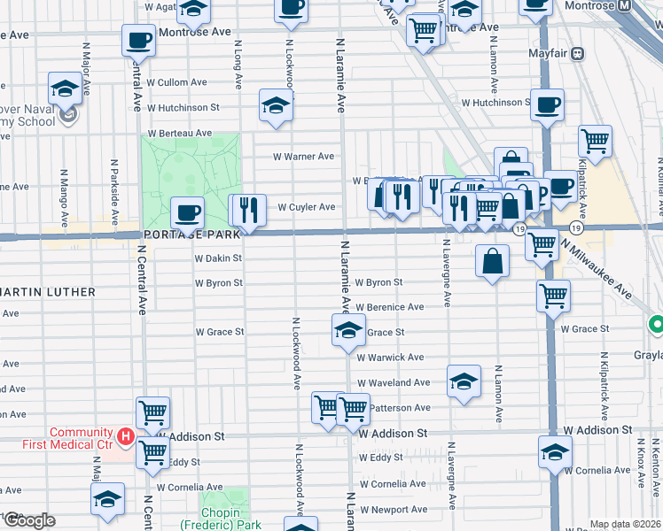 map of restaurants, bars, coffee shops, grocery stores, and more near 5207 West Dakin Street in Chicago