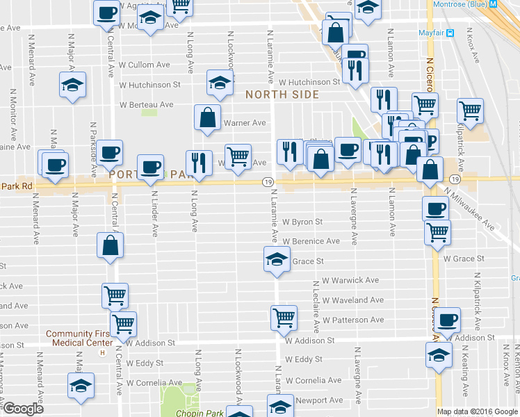 map of restaurants, bars, coffee shops, grocery stores, and more near 5207 West Dakin Street in Chicago
