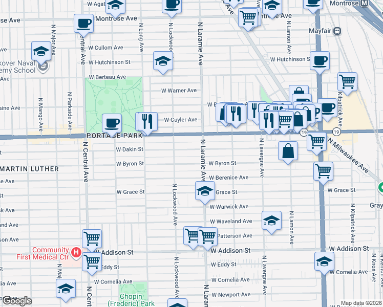map of restaurants, bars, coffee shops, grocery stores, and more near 5207 West Dakin Street in Chicago