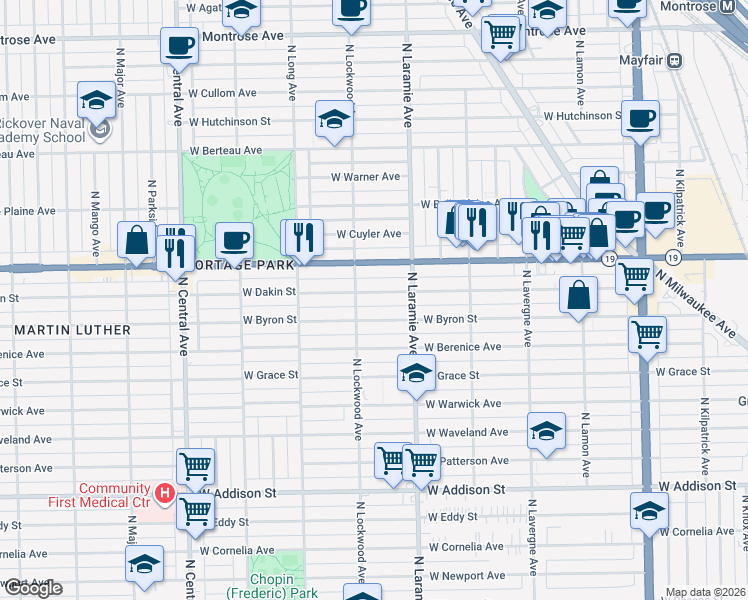 map of restaurants, bars, coffee shops, grocery stores, and more near 5247 West Dakin Street in Chicago