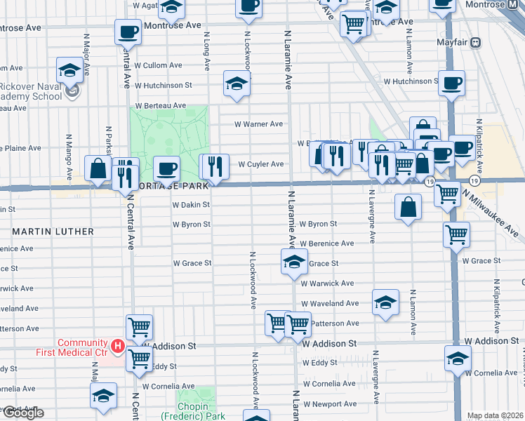 map of restaurants, bars, coffee shops, grocery stores, and more near 5247 West Dakin Street in Chicago