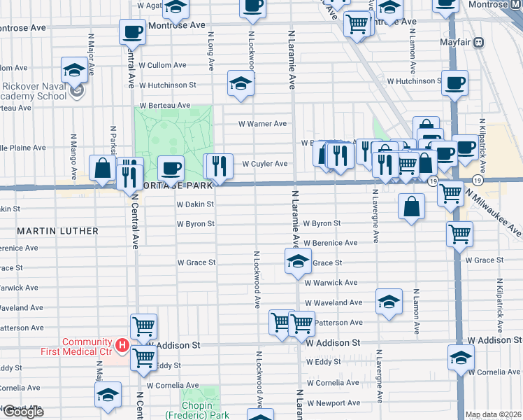 map of restaurants, bars, coffee shops, grocery stores, and more near 5247 West Dakin Street in Chicago