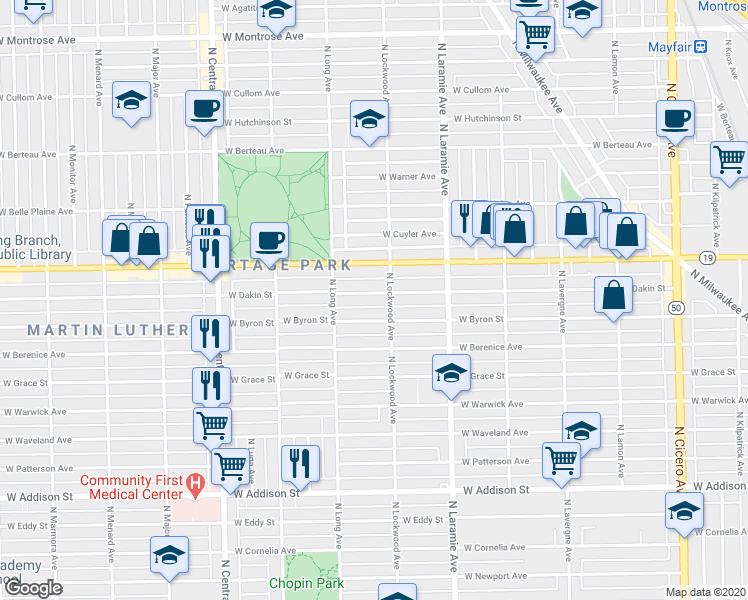map of restaurants, bars, coffee shops, grocery stores, and more near 5321 West Dakin Street in Chicago