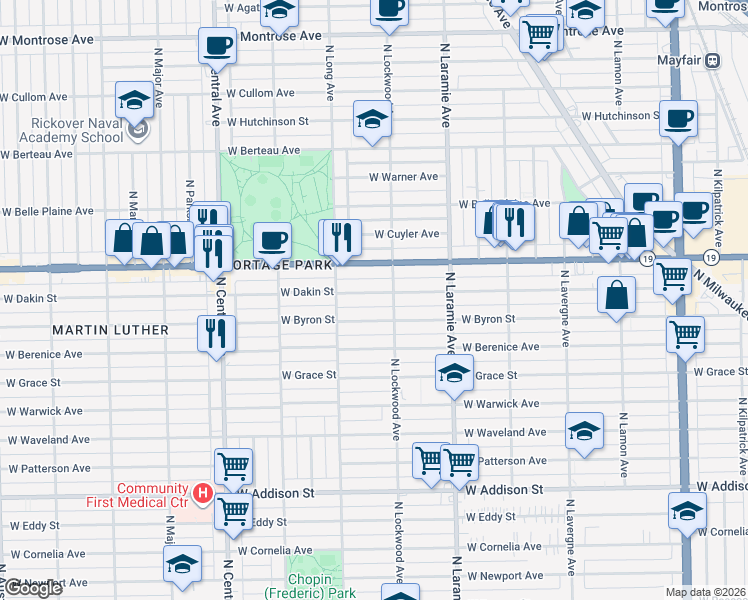 map of restaurants, bars, coffee shops, grocery stores, and more near 5321 West Dakin Street in Chicago