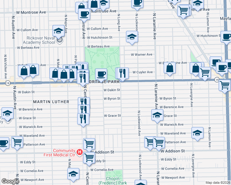 map of restaurants, bars, coffee shops, grocery stores, and more near 5435 West Dakin Street in Chicago