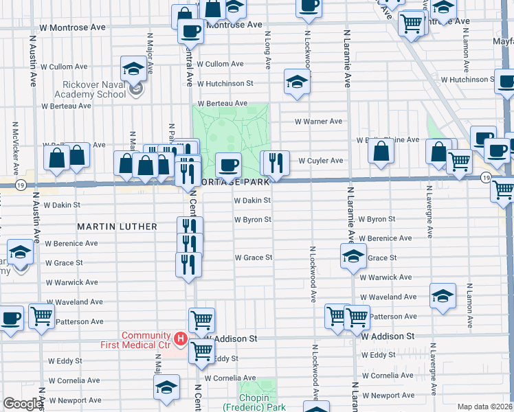 map of restaurants, bars, coffee shops, grocery stores, and more near 5435 West Dakin Street in Chicago