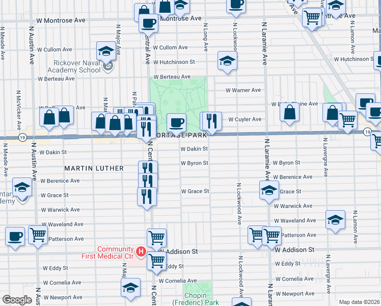 map of restaurants, bars, coffee shops, grocery stores, and more near 5435 West Dakin Street in Chicago