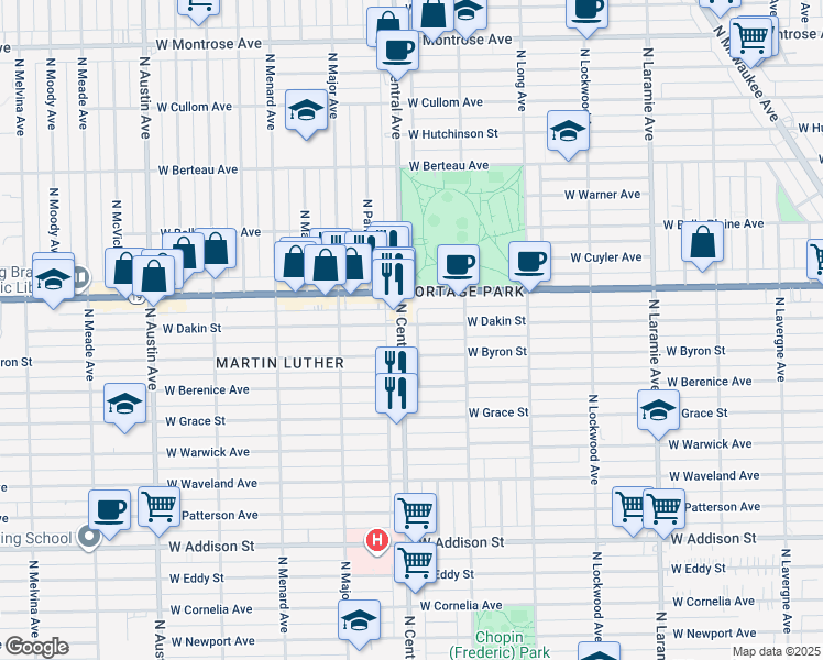 map of restaurants, bars, coffee shops, grocery stores, and more near 3942 North Central Avenue in Chicago