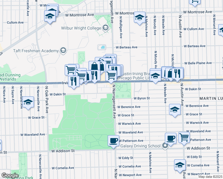 map of restaurants, bars, coffee shops, grocery stores, and more near 6422 West Dakin Street in Chicago