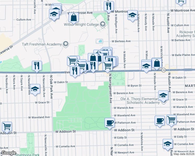 map of restaurants, bars, coffee shops, grocery stores, and more near 6502 West Dakin Street in Chicago