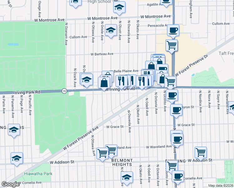 map of restaurants, bars, coffee shops, grocery stores, and more near 3947 North Olcott Avenue in Chicago