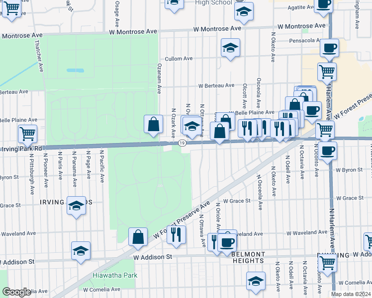 map of restaurants, bars, coffee shops, grocery stores, and more near 3942 North Ottawa Avenue in Chicago