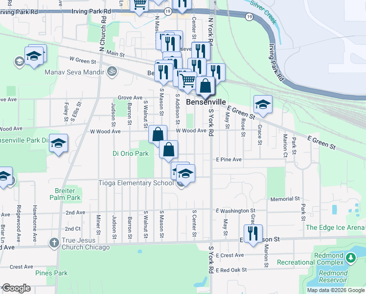 map of restaurants, bars, coffee shops, grocery stores, and more near 231 South Addison Street in Bensenville