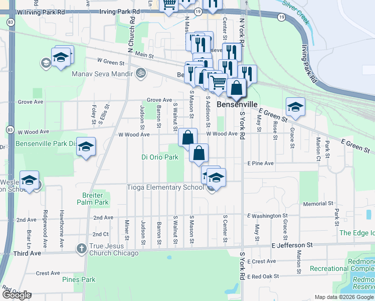 map of restaurants, bars, coffee shops, grocery stores, and more near 236 South Mason Street in Bensenville