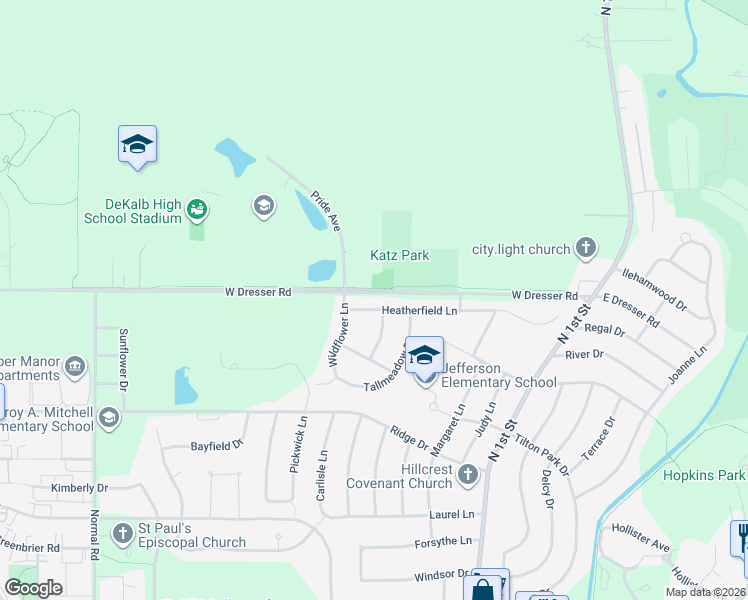 map of restaurants, bars, coffee shops, grocery stores, and more near 403 Heatherfield Lane in DeKalb