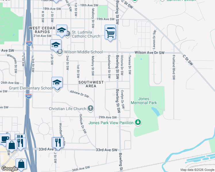 map of restaurants, bars, coffee shops, grocery stores, and more near 2619 Southland Street Southwest in Cedar Rapids