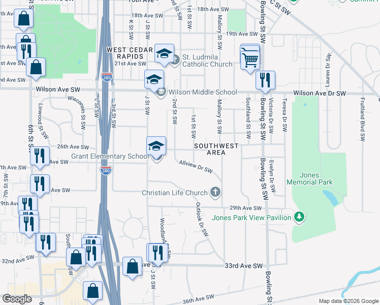 map of restaurants, bars, coffee shops, grocery stores, and more near 2604 1st Street Southwest in Cedar Rapids