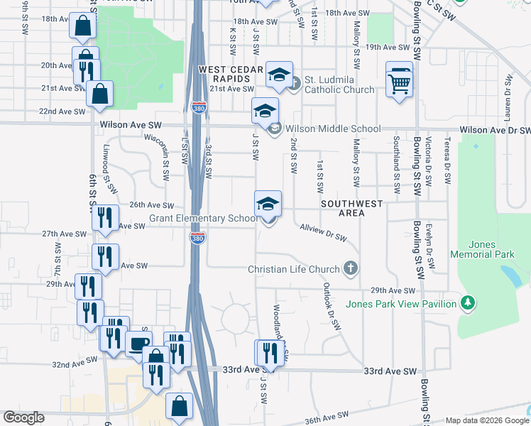 map of restaurants, bars, coffee shops, grocery stores, and more near 235 26th Avenue Southwest in Cedar Rapids