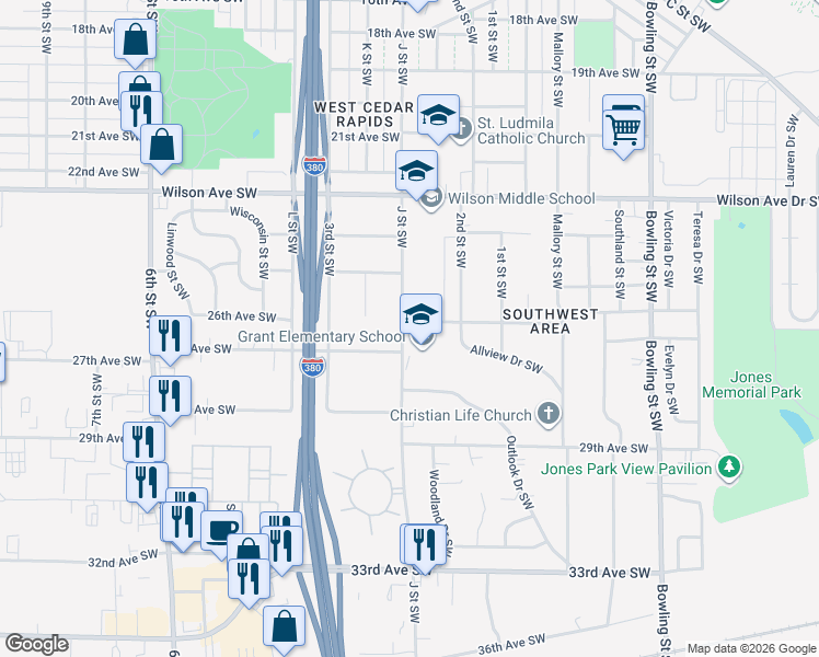 map of restaurants, bars, coffee shops, grocery stores, and more near 235 26th Avenue Southwest in Cedar Rapids