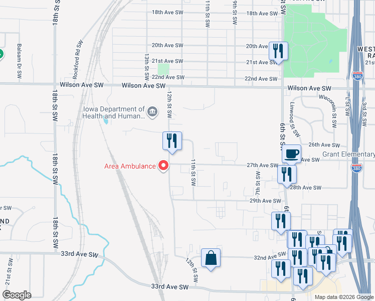 map of restaurants, bars, coffee shops, grocery stores, and more near in Cedar Rapids