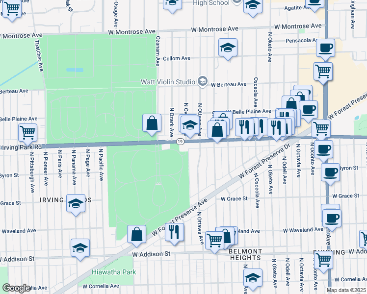 map of restaurants, bars, coffee shops, grocery stores, and more near 3942 North Ottawa Avenue in Chicago