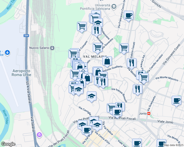 map of restaurants, bars, coffee shops, grocery stores, and more near 148 Via Piero Foscari in Roma