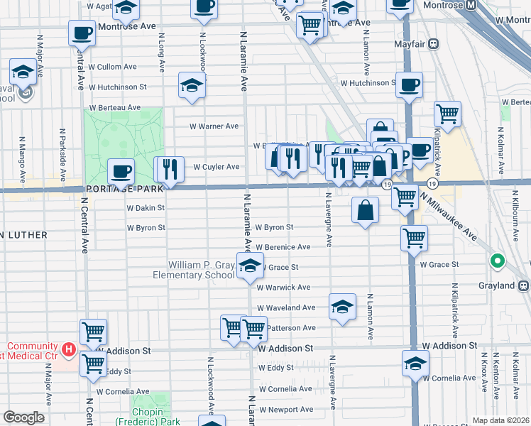 map of restaurants, bars, coffee shops, grocery stores, and more near 5133 W Dakin St in Chicago
