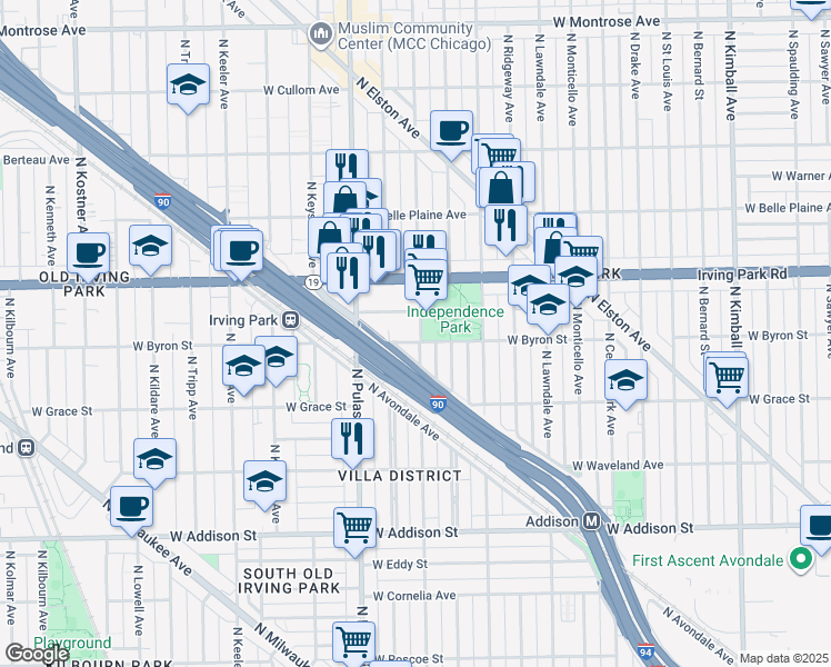 map of restaurants, bars, coffee shops, grocery stores, and more near 3926 West Byron Street in Chicago
