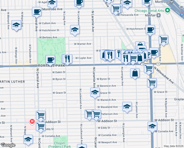 map of restaurants, bars, coffee shops, grocery stores, and more near 5207 West Dakin Street in Chicago