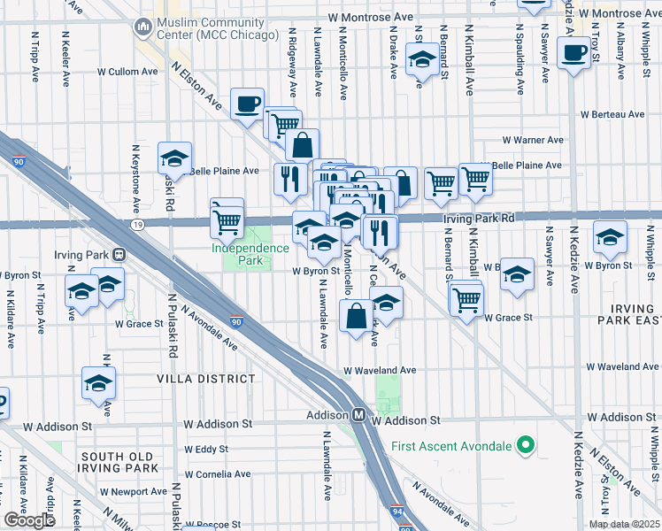 map of restaurants, bars, coffee shops, grocery stores, and more near 3903 Lawndale Avenue in Chicago